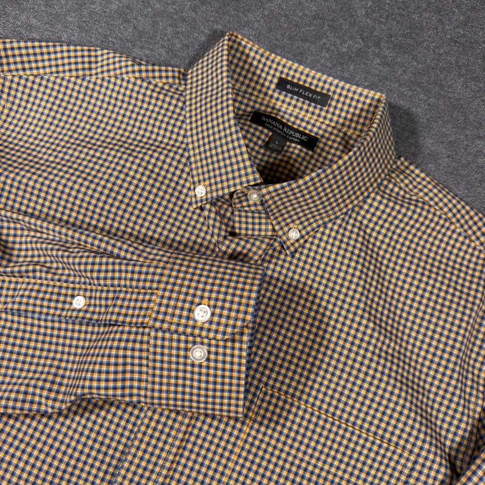 Banana Republic Button Down Shirt Mens L Orange Plaid Slim Flex Tech Stretch
